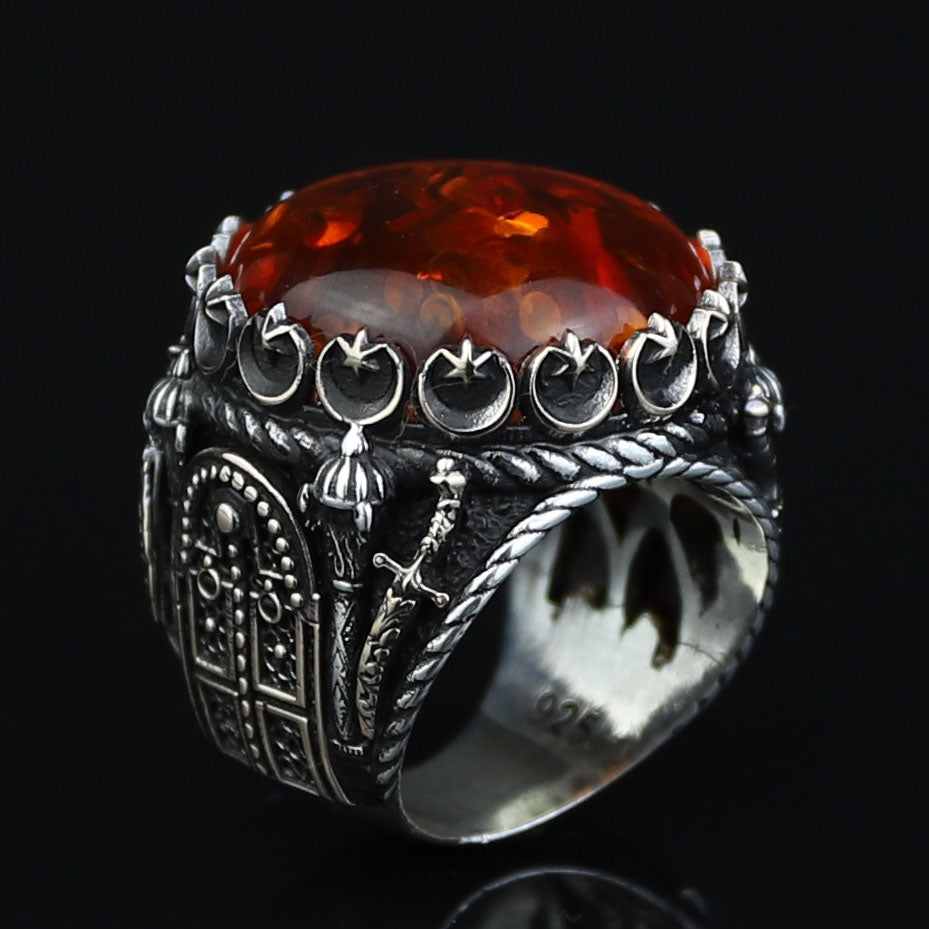 925 Silver Baltic Amber Ring, Man Large Amber Stone Ring, Genuine Amber Ring, Turkish Silver Ring