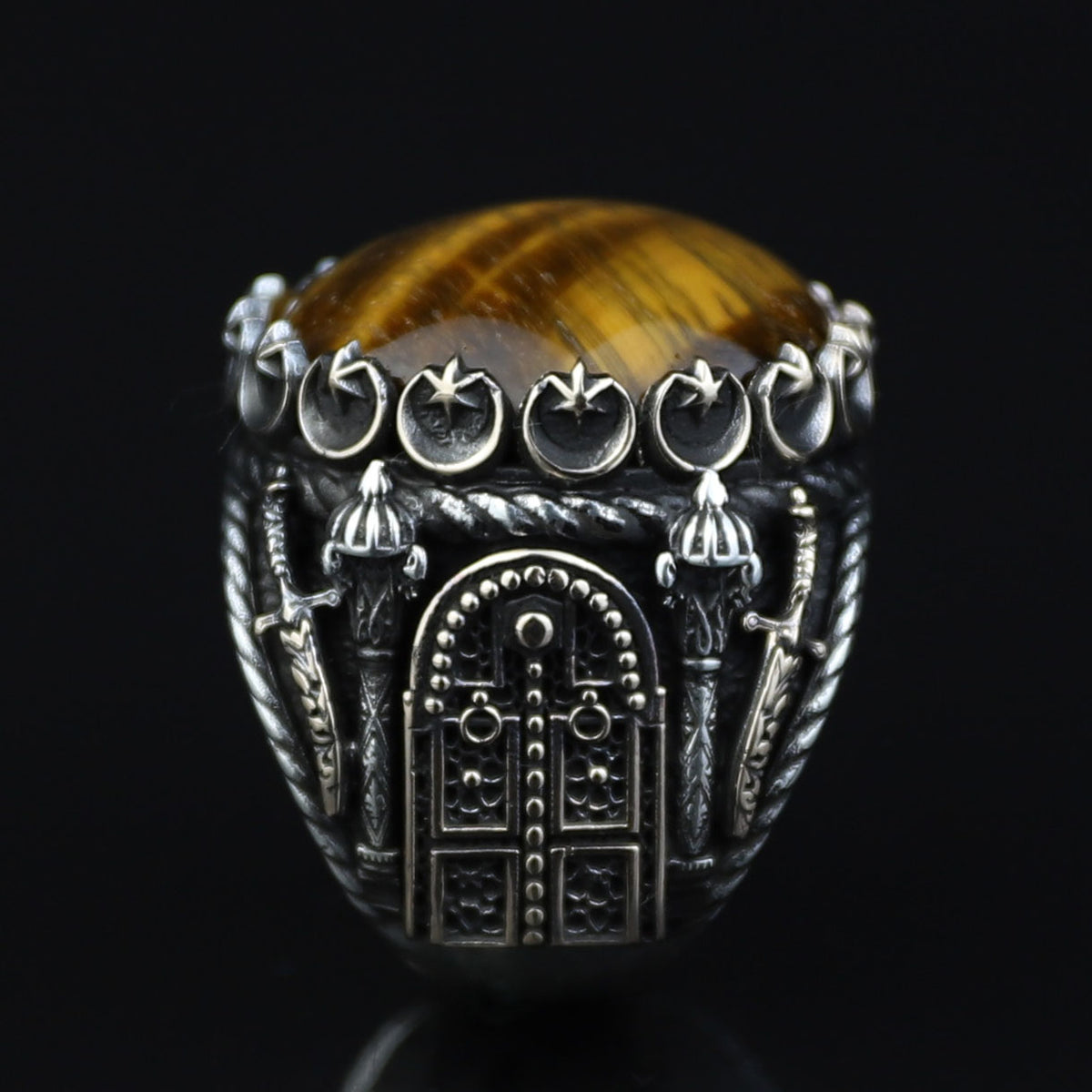 Tiger Eye Ring , Large Turkish Handmade Ring , Round Ottoman Mens Ring, Man Large Ring ,Signet Gemstone Ring