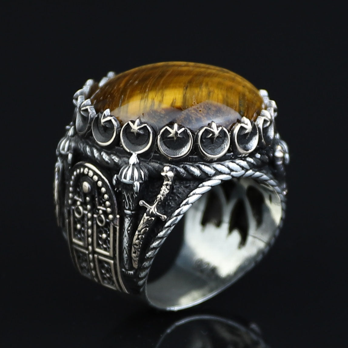Tiger Eye Ring , Large Turkish Handmade Ring , Round Ottoman Mens Ring, Man Large Ring ,Signet Gemstone Ring