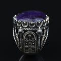 Men Silver Amethyst Ring, Sword Engraved Amethyst Ring, Round Turkish Handmade Silver Men Ring