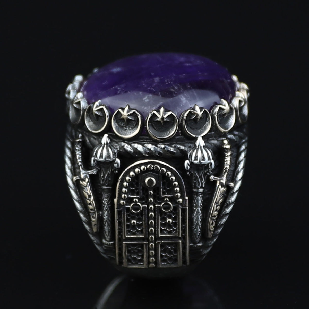 Men Silver Amethyst Ring, Sword Engraved Amethyst Ring, Round Turkish Handmade Silver Men Ring