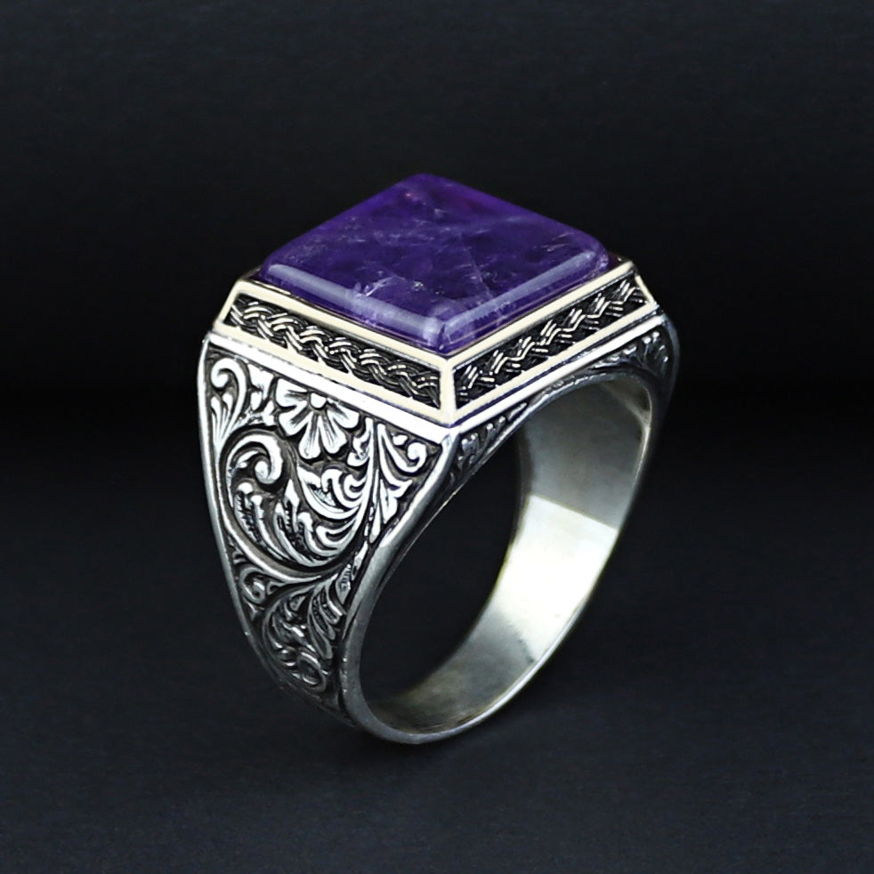 Men Handmade Natural Square Amethyst Gemstone Ring