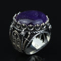 Men Silver Amethyst Ring, Sword Engraved Amethyst Ring, Round Turkish Handmade Silver Men Ring