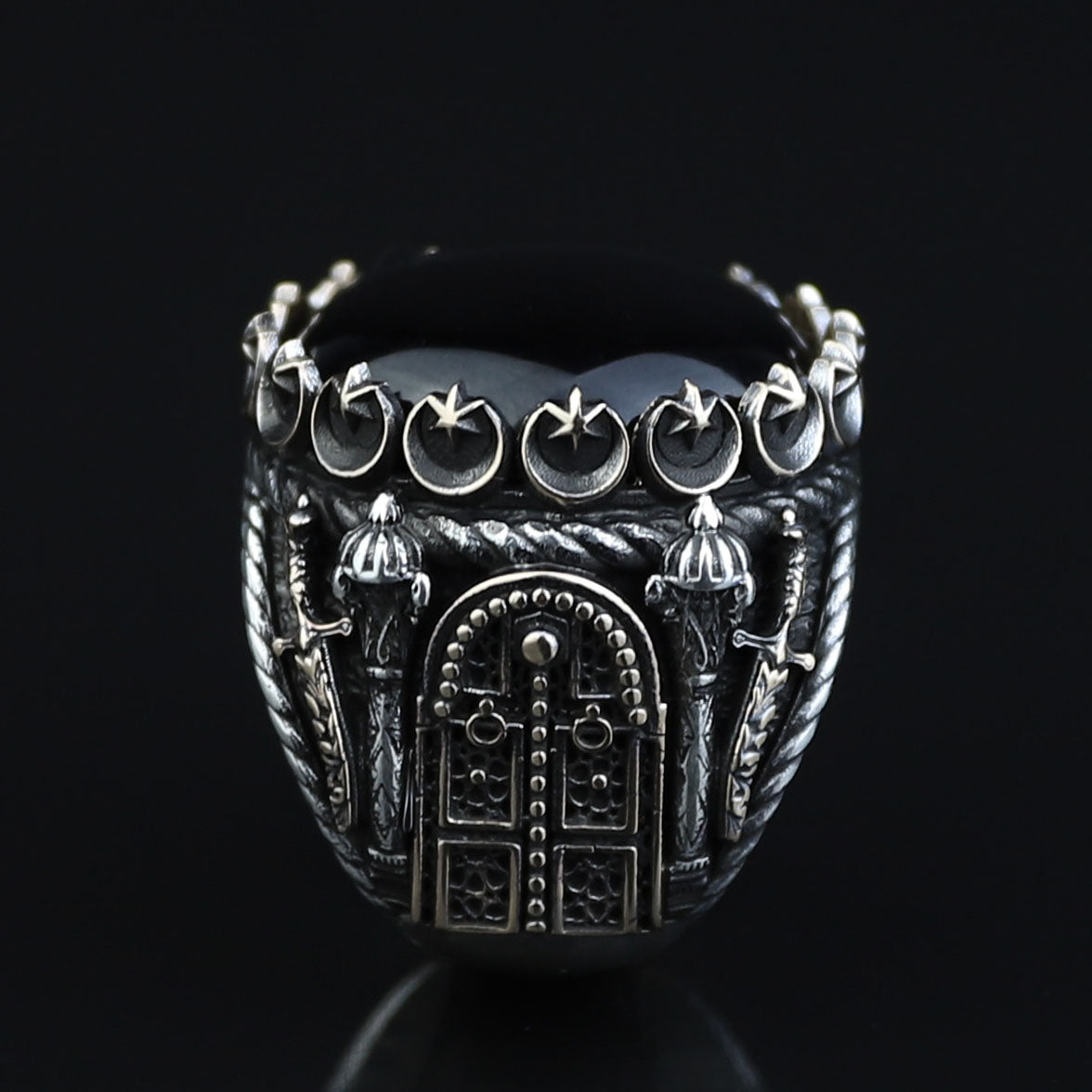 Men Silver Large Black Onyx Ring , Round Unique Mens Handmade Big Ring, Sword Men Sterling Silver Ring