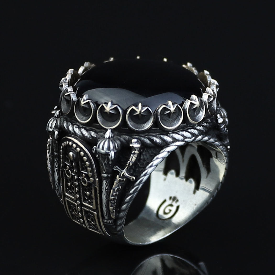 Men Silver Large Black Onyx Ring , Round Unique Mens Handmade Big Ring, Sword Men Sterling Silver Ring