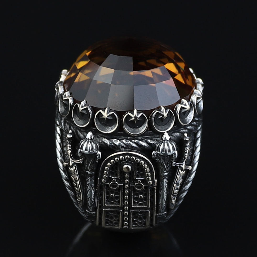 Silver Large Sultanite Stone Ring, Silver Sword Signet Style Ring, Man Handmade Silver Ring