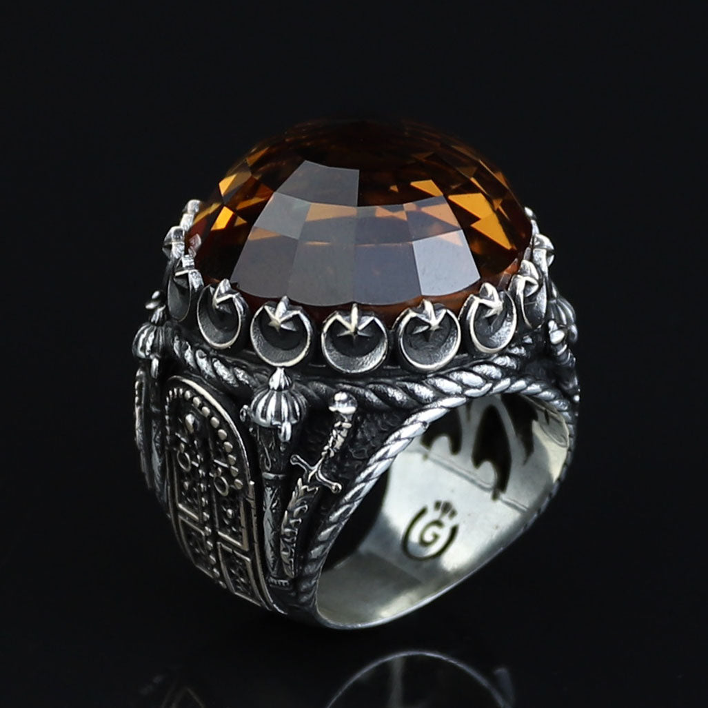 Silver Large Sultanite Stone Ring, Silver Sword Signet Style Ring, Man Handmade Silver Ring