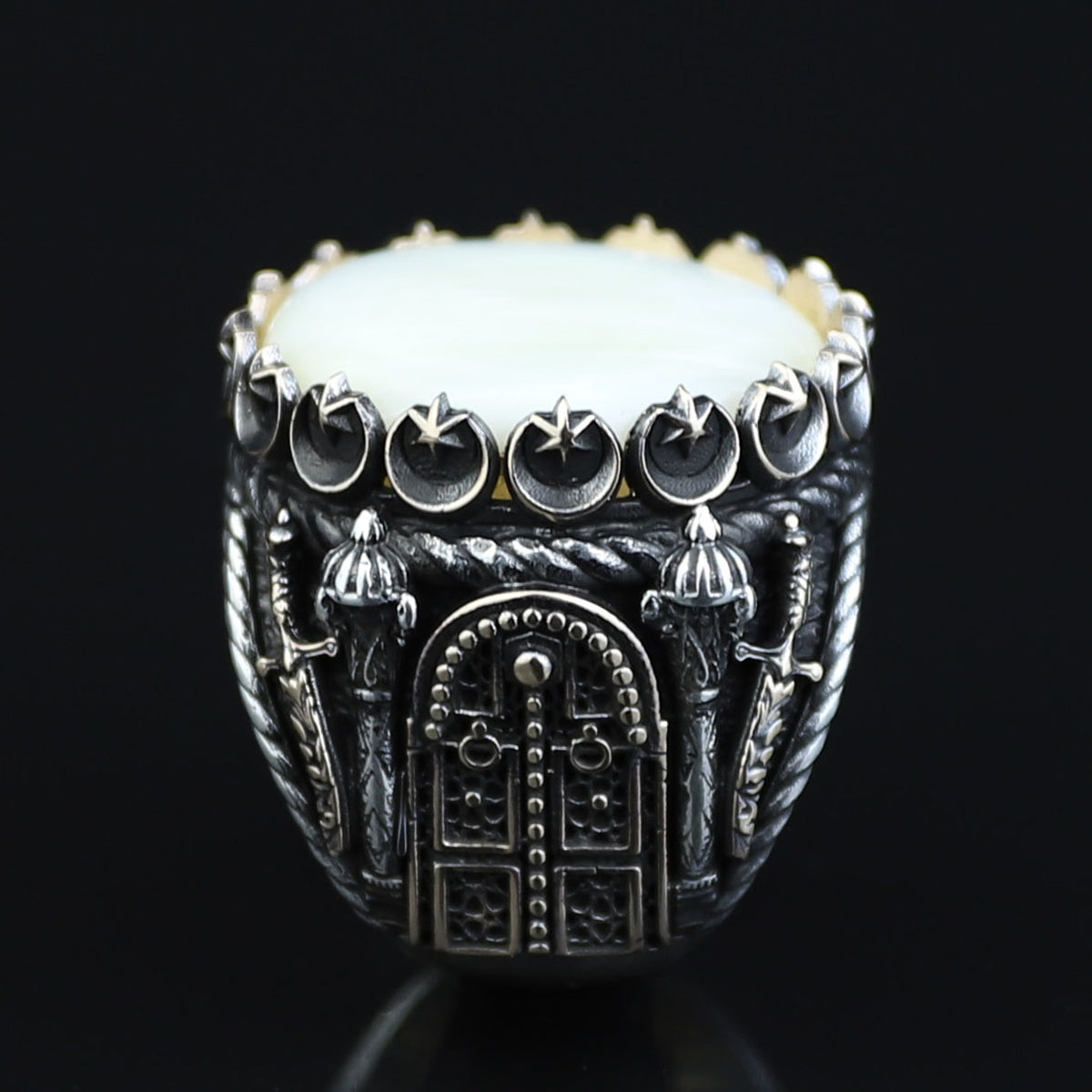 Mens Mother of Pearl Ring , Round Large Silver Ring , Sword Figured Silver Pearl Ring, 925K Sterling Silver
