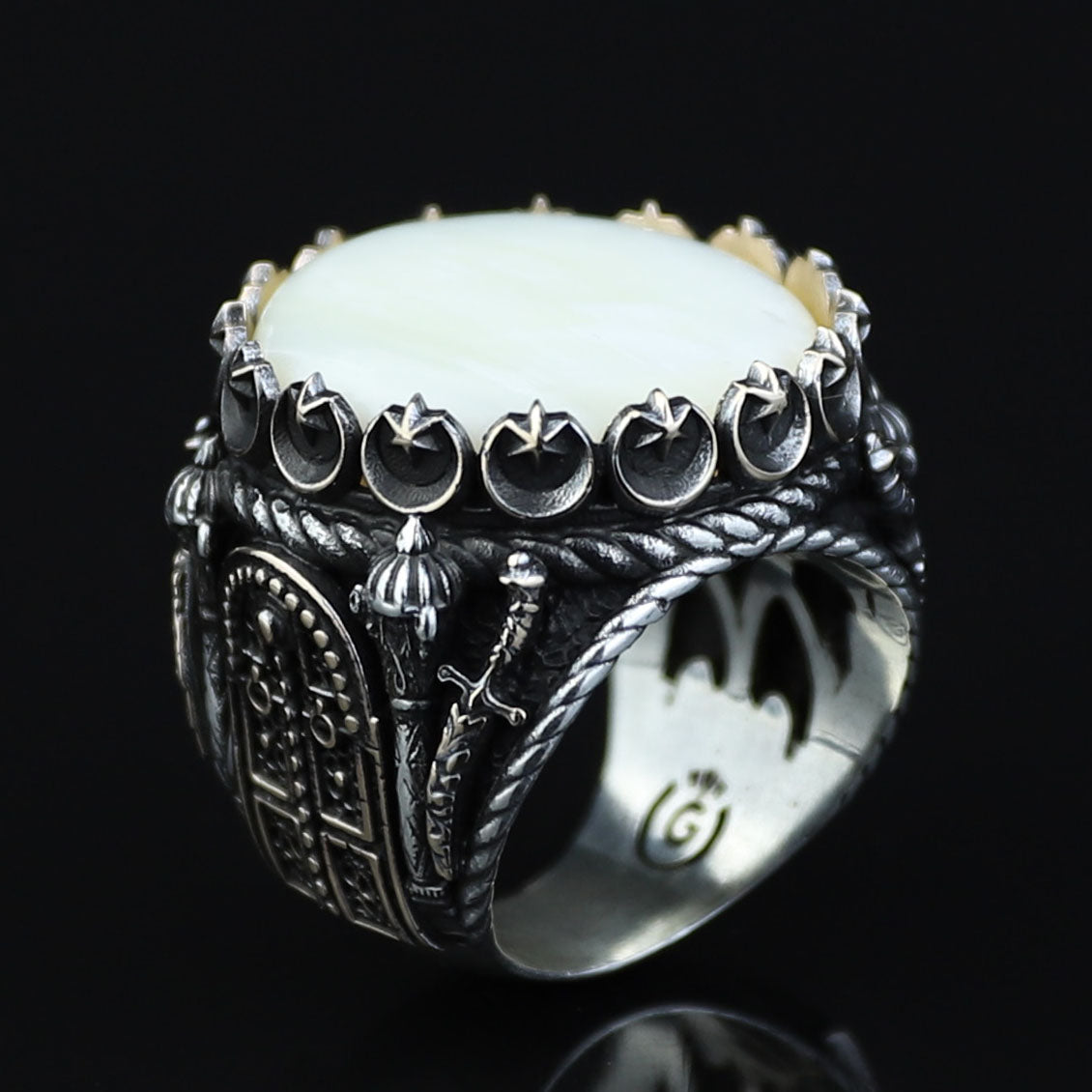Mens Mother of Pearl Ring , Round Large Silver Ring , Sword Figured Silver Pearl Ring, 925K Sterling Silver