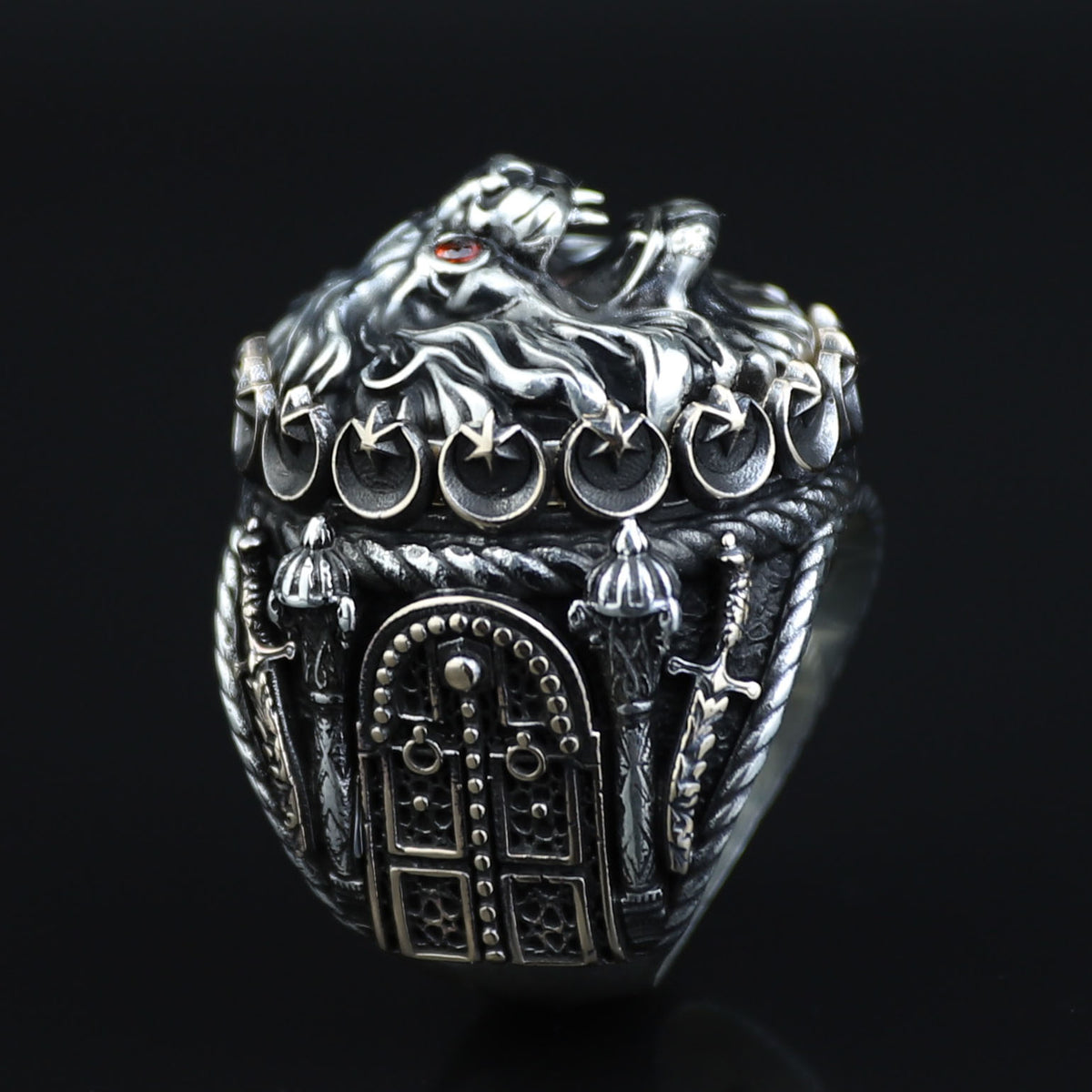 Silver Leon Head Ring, Ruby Eyes Leon Ring, Sword Figued Wild Lion Ring, Handmade Leon Animal Ring, Father Day Gift