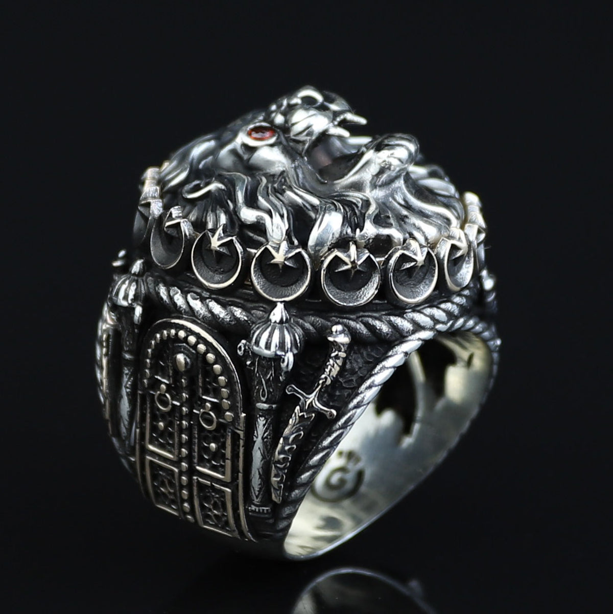 Silver Leon Head Ring, Ruby Eyes Leon Ring, Sword Figued Wild Lion Ring, Handmade Leon Animal Ring, Father Day Gift