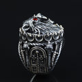 925 Silver Ruby Eyes Wolf Head Ring, Sword Signet Men Ring, Engraved Large Handmade Ring