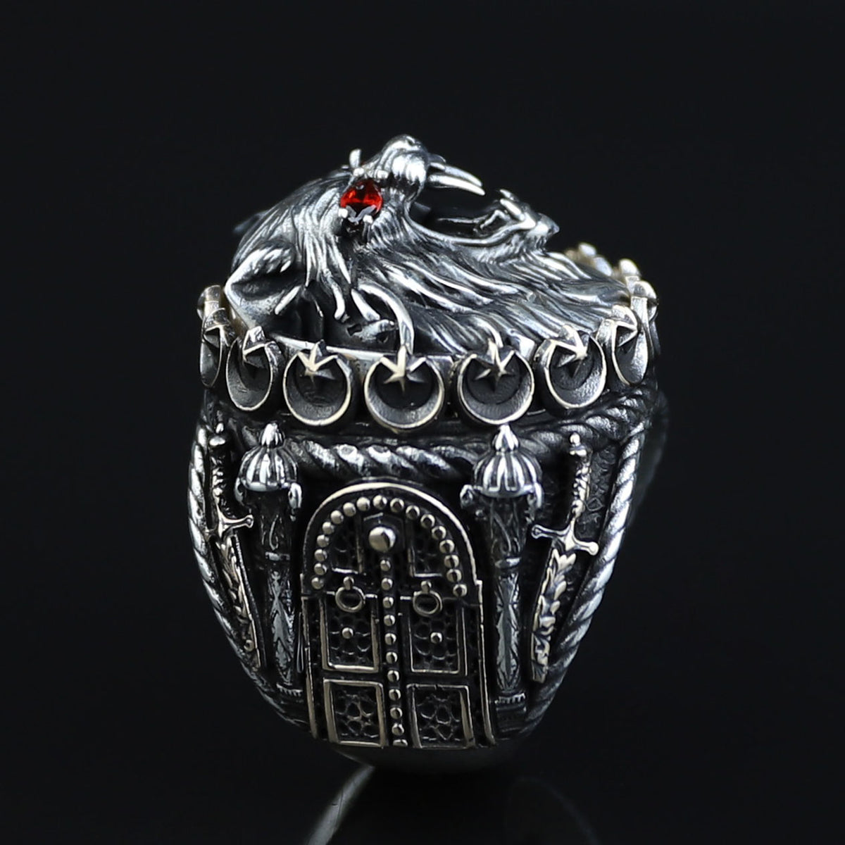 925 Silver Ruby Eyes Wolf Head Ring, Sword Signet Men Ring, Engraved Large Handmade Ring