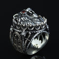 925 Silver Ruby Eyes Wolf Head Ring, Sword Signet Men Ring, Engraved Large Handmade Ring