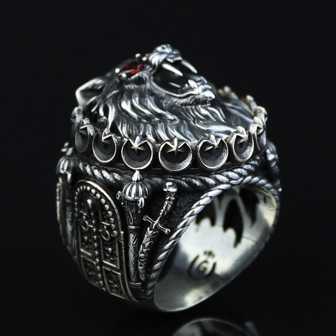 925 Silver Ruby Eyes Wolf Head Ring, Sword Signet Men Ring, Engraved Large Handmade Ring