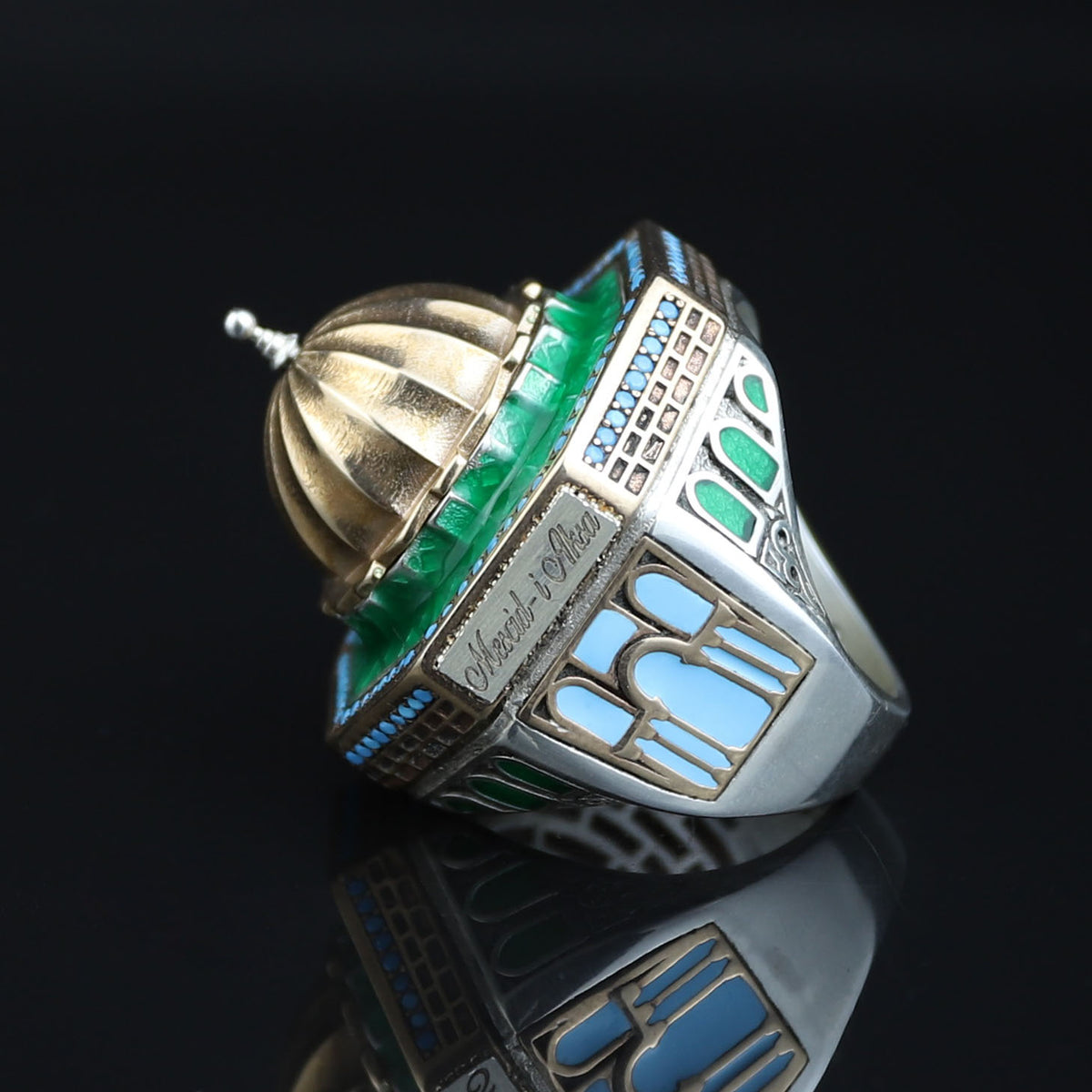 Silver Handmade Mosque Ring, Al-Aqsa Mosque ring , Men Unique Ring, Emerald Gemstone İslamıc Ring, Ottoman Style Handmade İslamic Gift