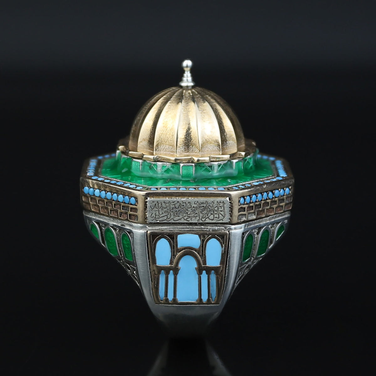 Silver Handmade Mosque Ring, Al-Aqsa Mosque ring , Men Unique Ring, Emerald Gemstone İslamıc Ring, Ottoman Style Handmade İslamic Gift