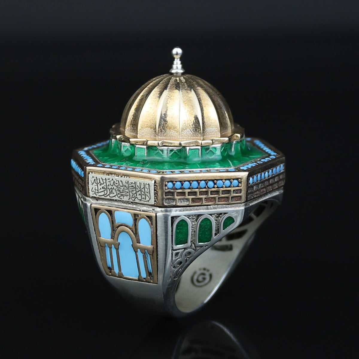 Silver Handmade Mosque Ring, Al-Aqsa Mosque ring , Men Unique Ring, Emerald Gemstone İslamıc Ring, Ottoman Style Handmade İslamic Gift