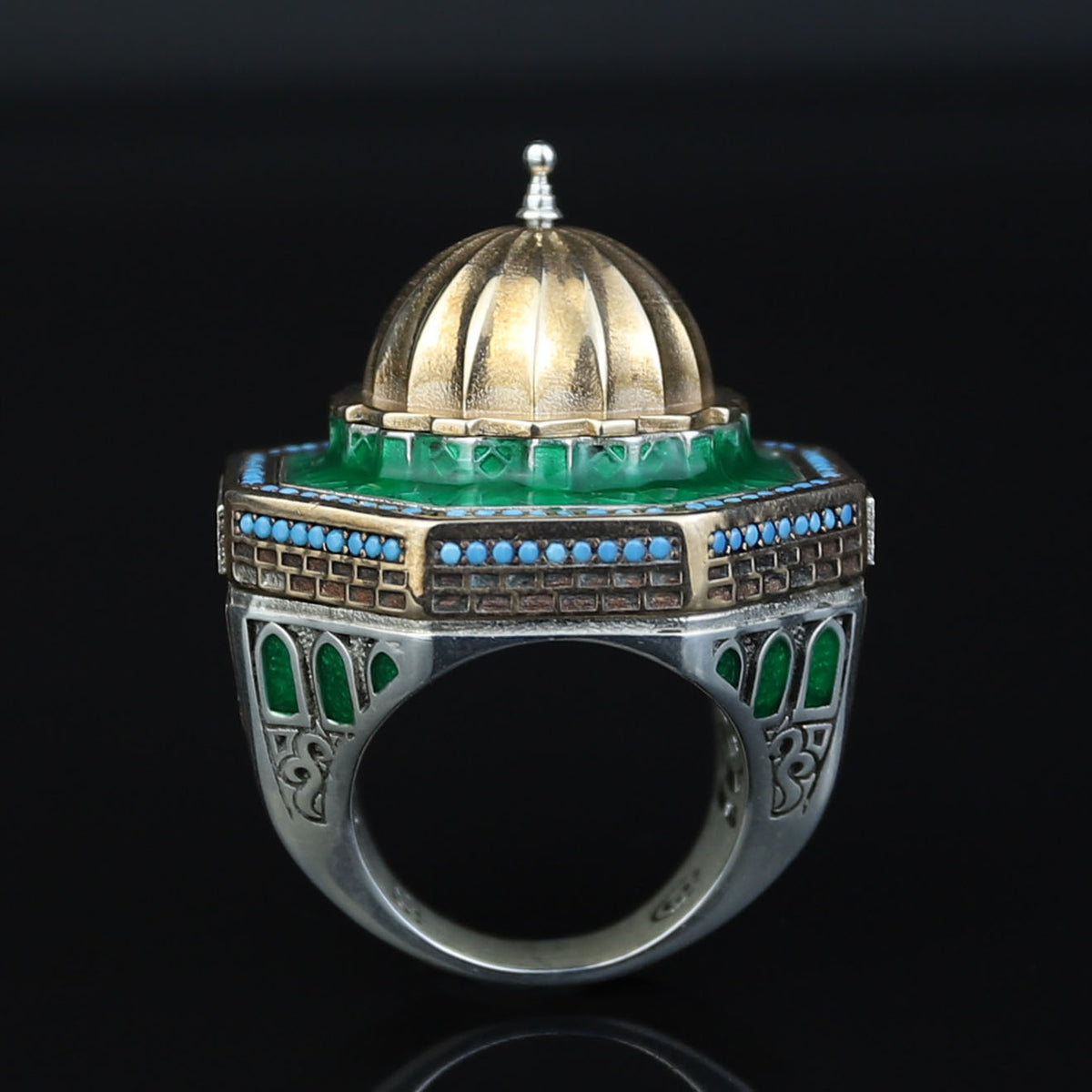 Silver Handmade Mosque Ring, Al-Aqsa Mosque ring , Men Unique Ring, Emerald Gemstone İslamıc Ring, Ottoman Style Handmade İslamic Gift