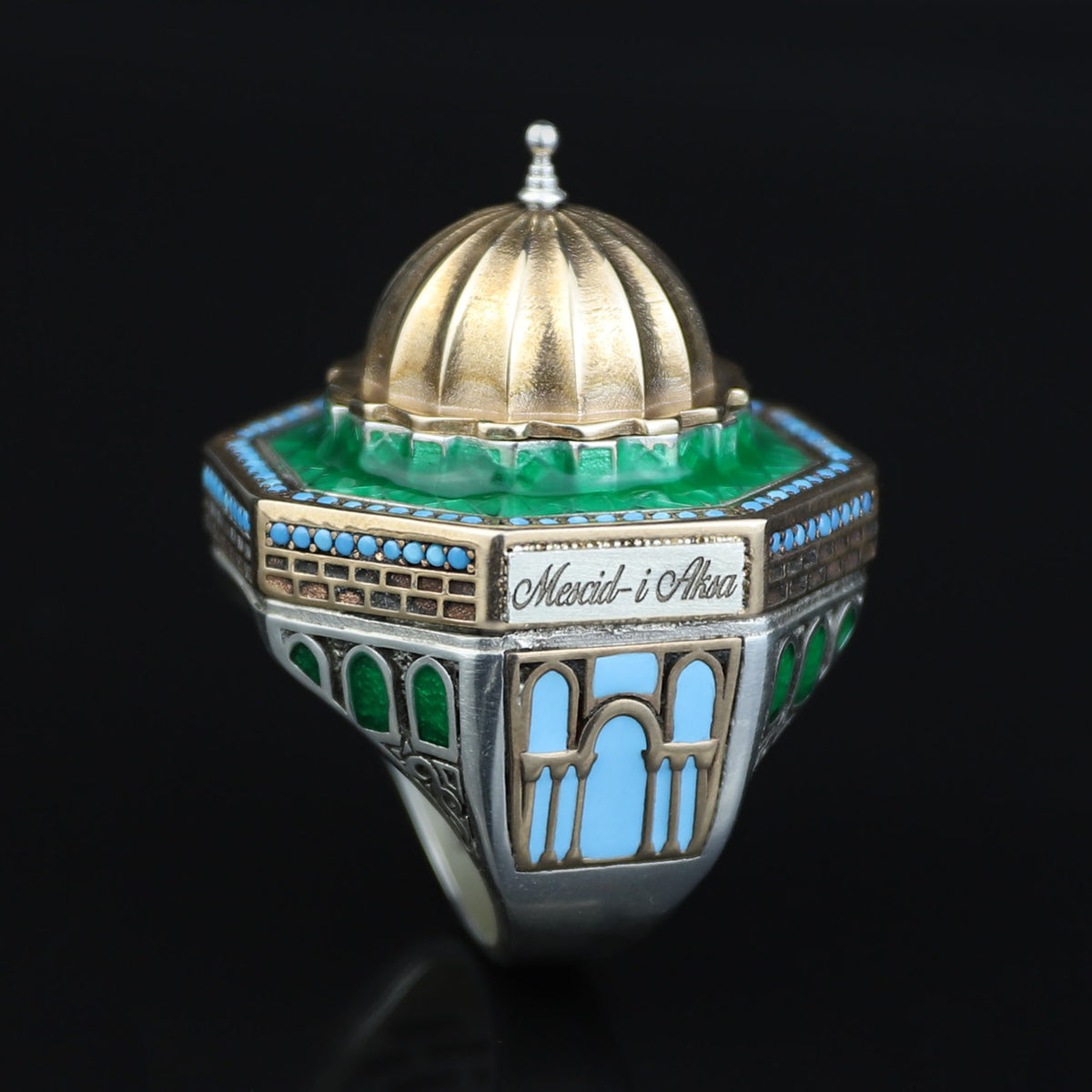 Silver Handmade Mosque Ring, Al-Aqsa Mosque ring , Men Unique Ring, Emerald Gemstone İslamıc Ring, Ottoman Style Handmade İslamic Gift
