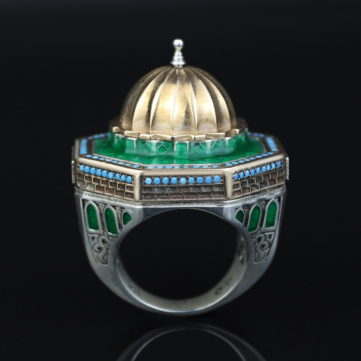 Silver Handmade Mosque Ring, Al-Aqsa Mosque ring , Men Unique Ring, Emerald Gemstone İslamıc Ring, Ottoman Style Handmade İslamic Gift