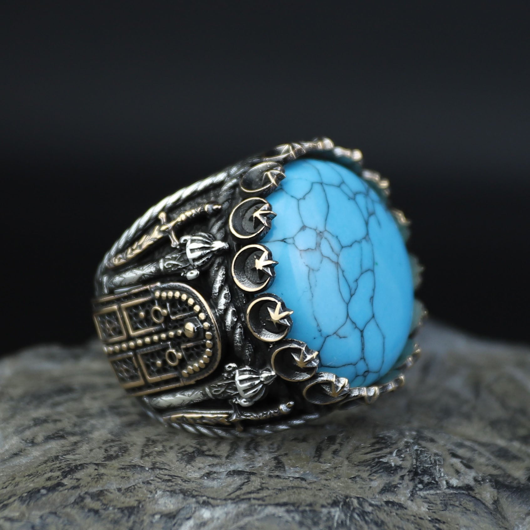 Silver Turquoise Sword Round Ring, Large Turquoise  Signet Turquoise Ring, Turkish Handmade Ring