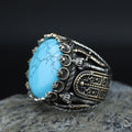 Silver Turquoise Sword Round Ring, Large Turquoise  Signet Turquoise Ring, Turkish Handmade Ring