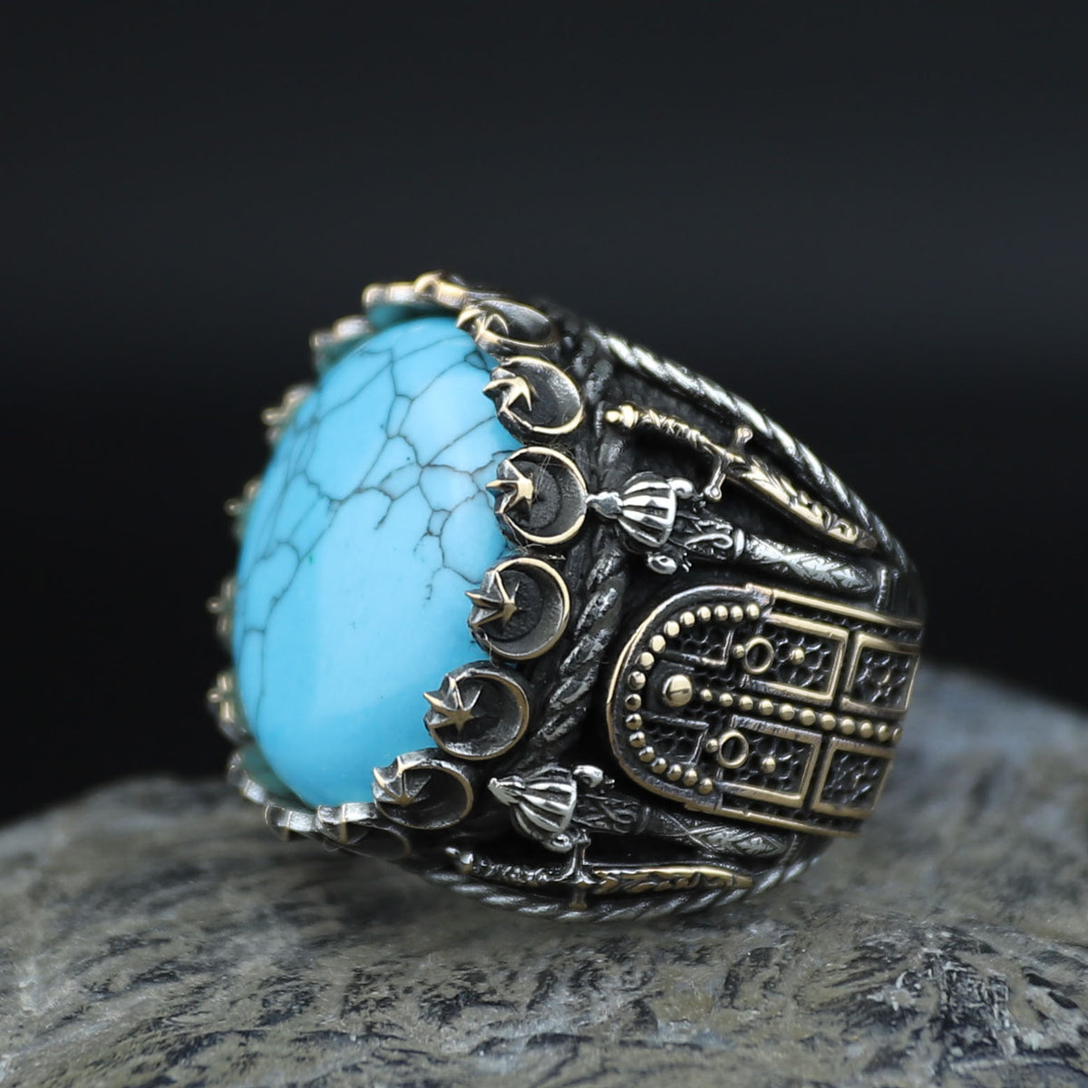 Silver Turquoise Sword Round Ring, Large Turquoise  Signet Turquoise Ring, Turkish Handmade Ring