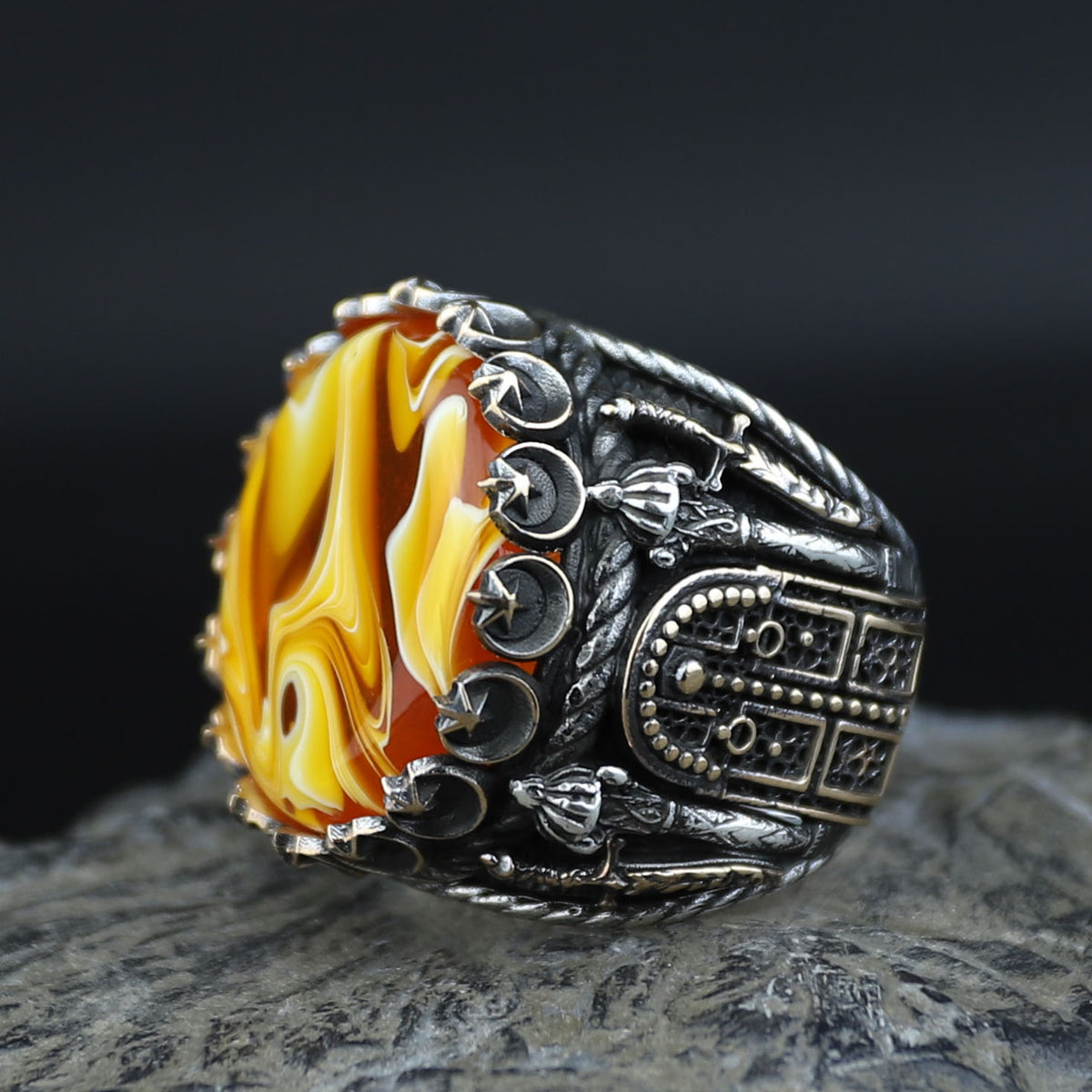 925K Sterling Silver Mens Handmade Ring, Turkish Sword Figured Natural Amber Stone Ring