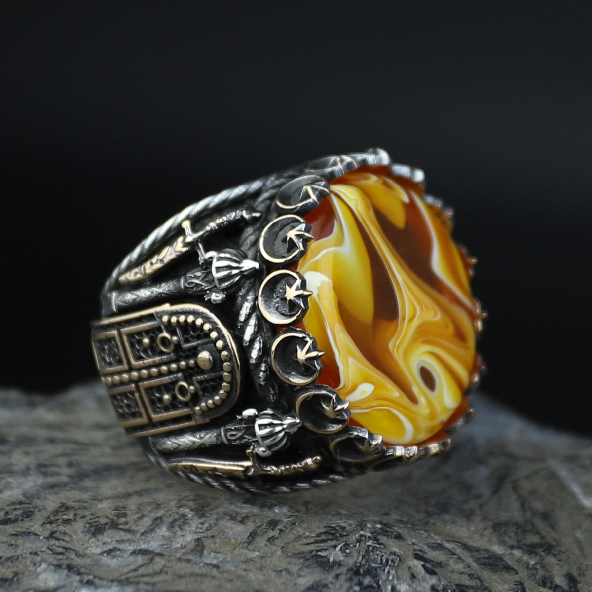 925K Sterling Silver Mens Handmade Ring, Turkish Sword Figured Natural Amber Stone Ring