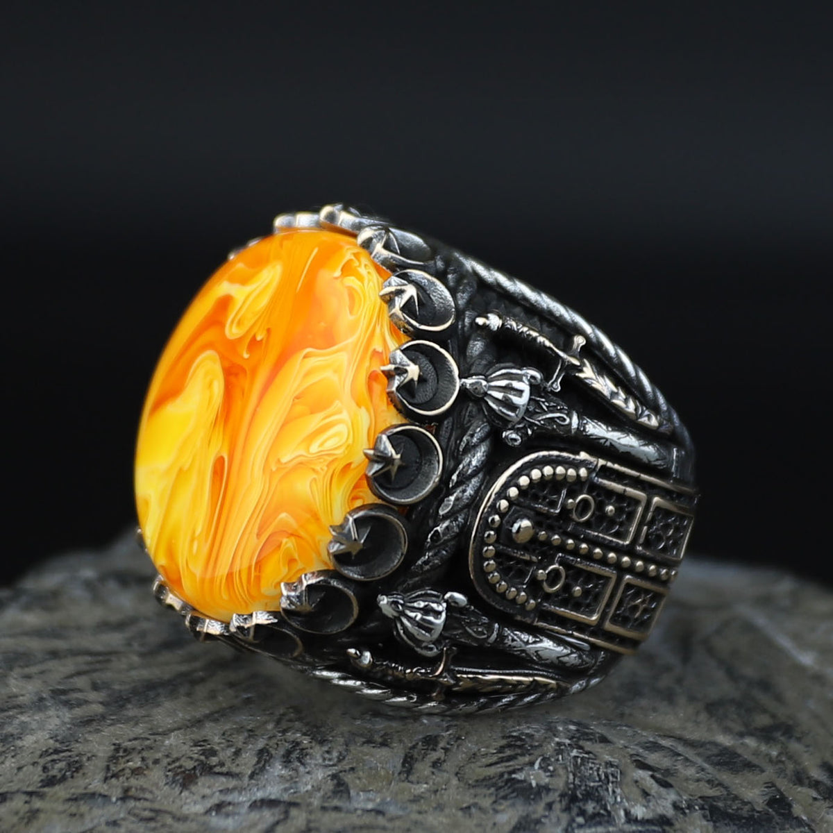 Natural Amber Stone Ring , Sterling Silver Round Large Amber Stone Ring, Ottoman Style Silver Ring