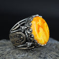 Natural Amber Stone Ring , Sterling Silver Round Large Amber Stone Ring, Ottoman Style Silver Ring
