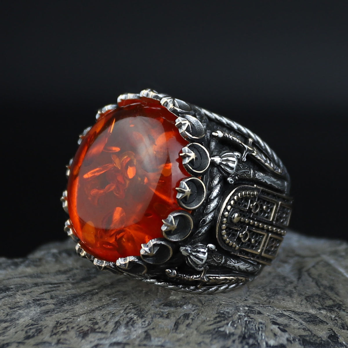 925 Silver Baltic Amber Ring, Man Large Amber Stone Ring, Genuine Amber Ring, Turkish Silver Ring