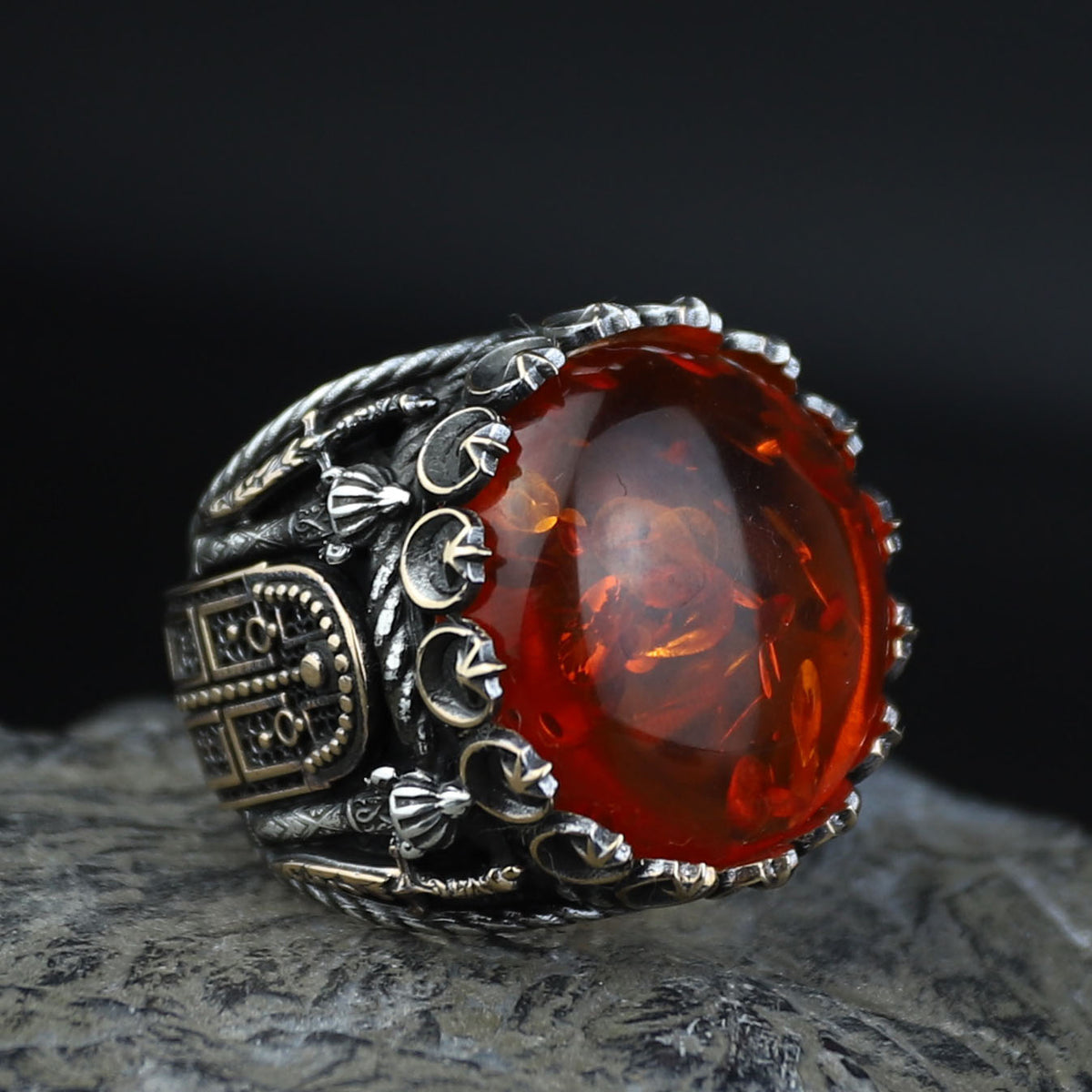 925 Silver Baltic Amber Ring, Man Large Amber Stone Ring, Genuine Amber Ring, Turkish Silver Ring