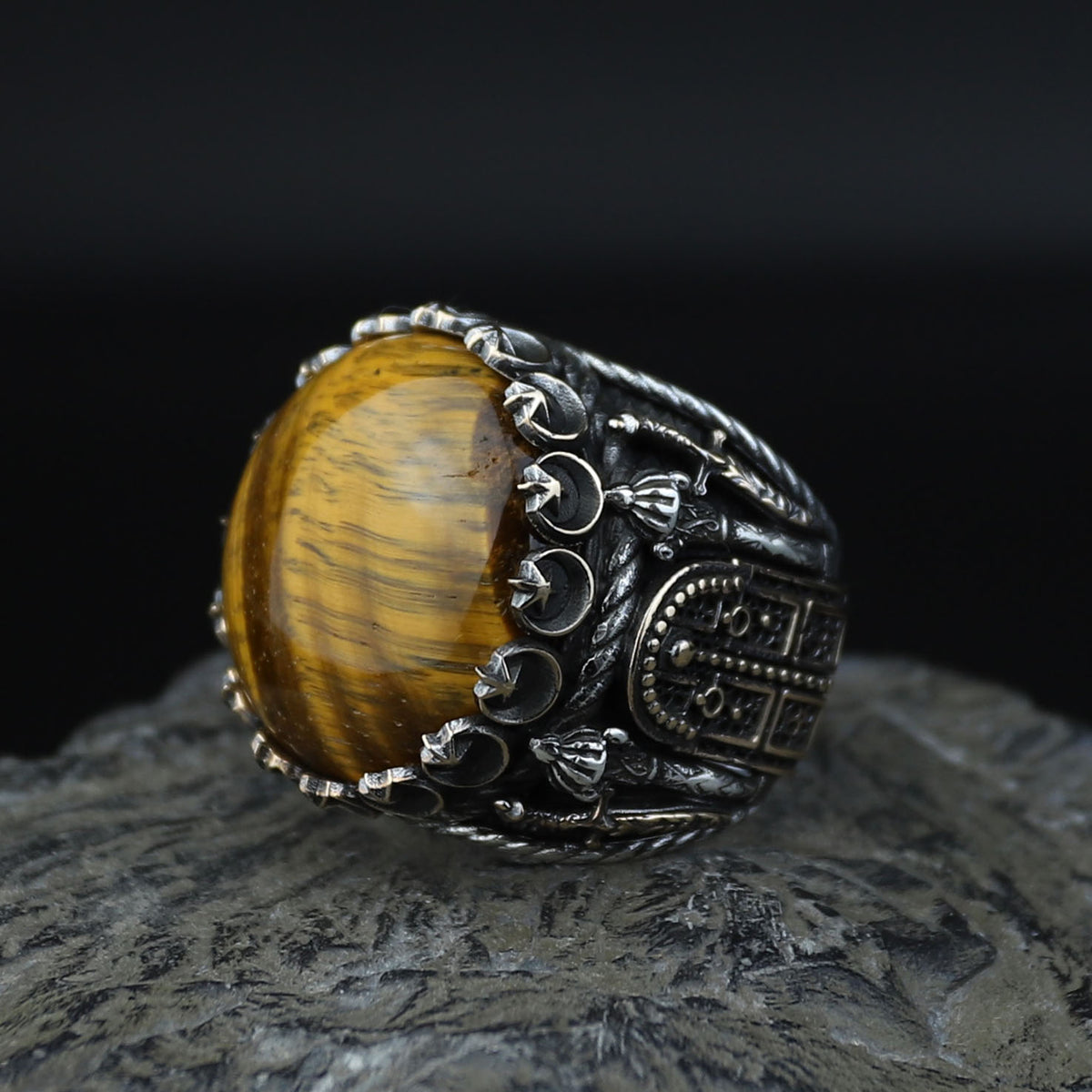Tiger Eye Ring , Large Turkish Handmade Ring , Round Ottoman Mens Ring, Man Large Ring ,Signet Gemstone Ring