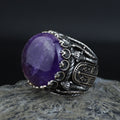 Men Silver Amethyst Ring, Sword Engraved Amethyst Ring, Round Turkish Handmade Silver Men Ring