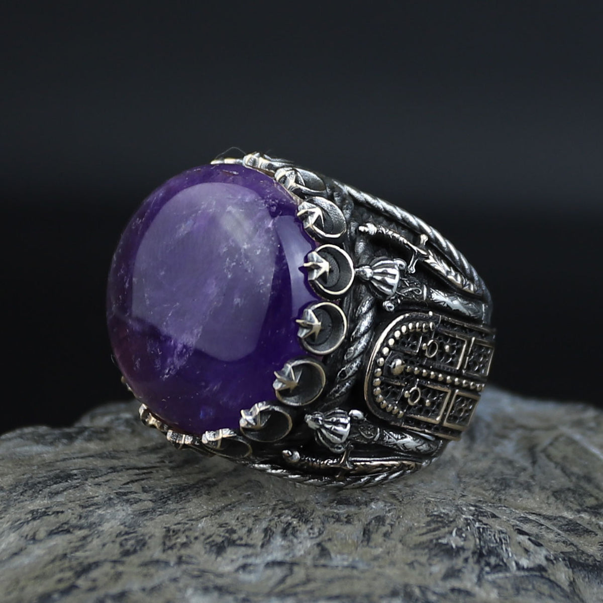 Men Silver Amethyst Ring, Sword Engraved Amethyst Ring, Round Turkish Handmade Silver Men Ring