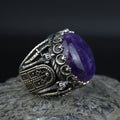 Men Silver Amethyst Ring, Sword Engraved Amethyst Ring, Round Turkish Handmade Silver Men Ring