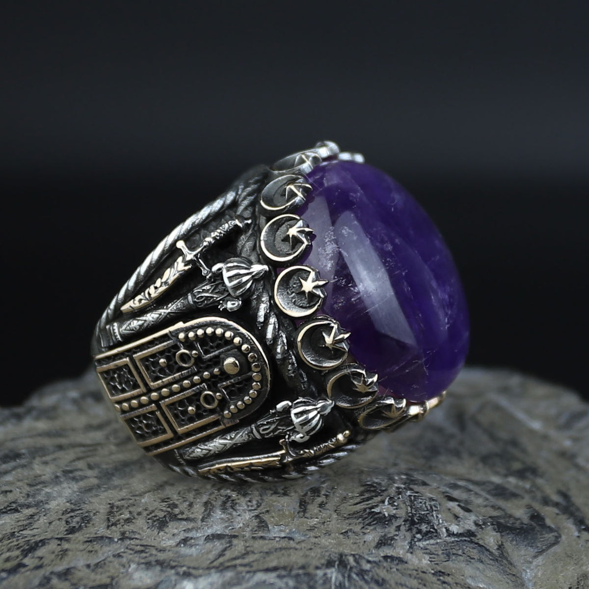 Men Silver Amethyst Ring, Sword Engraved Amethyst Ring, Round Turkish Handmade Silver Men Ring