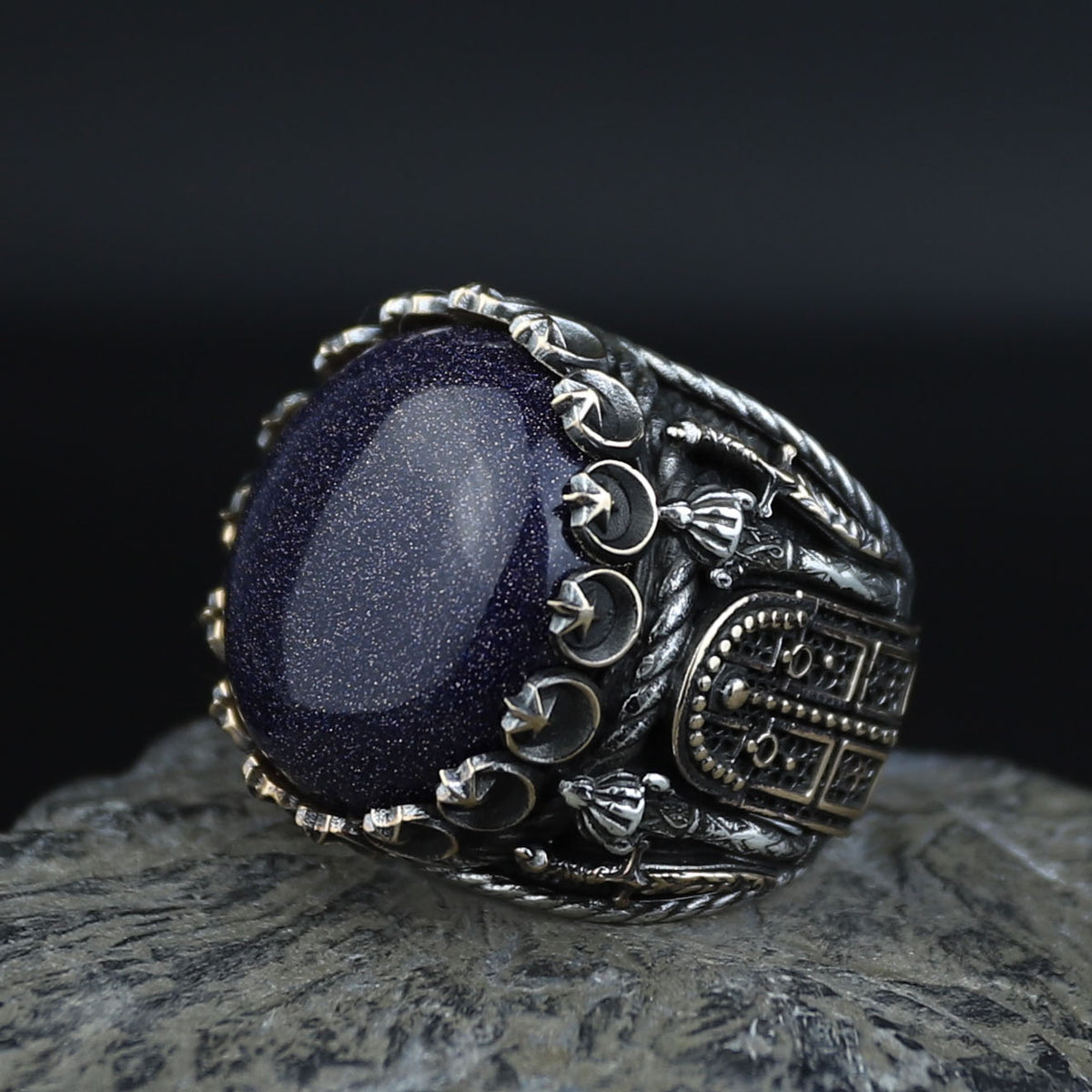 Man Natural Star Stone Ring, Sword Figured 925k Sterling Silver Handmade Ring, Turkish Handmade Ring
