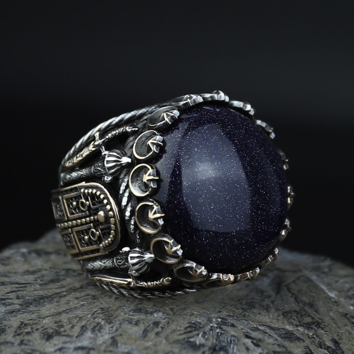 Man Natural Star Stone Ring, Sword Figured 925k Sterling Silver Handmade Ring, Turkish Handmade Ring
