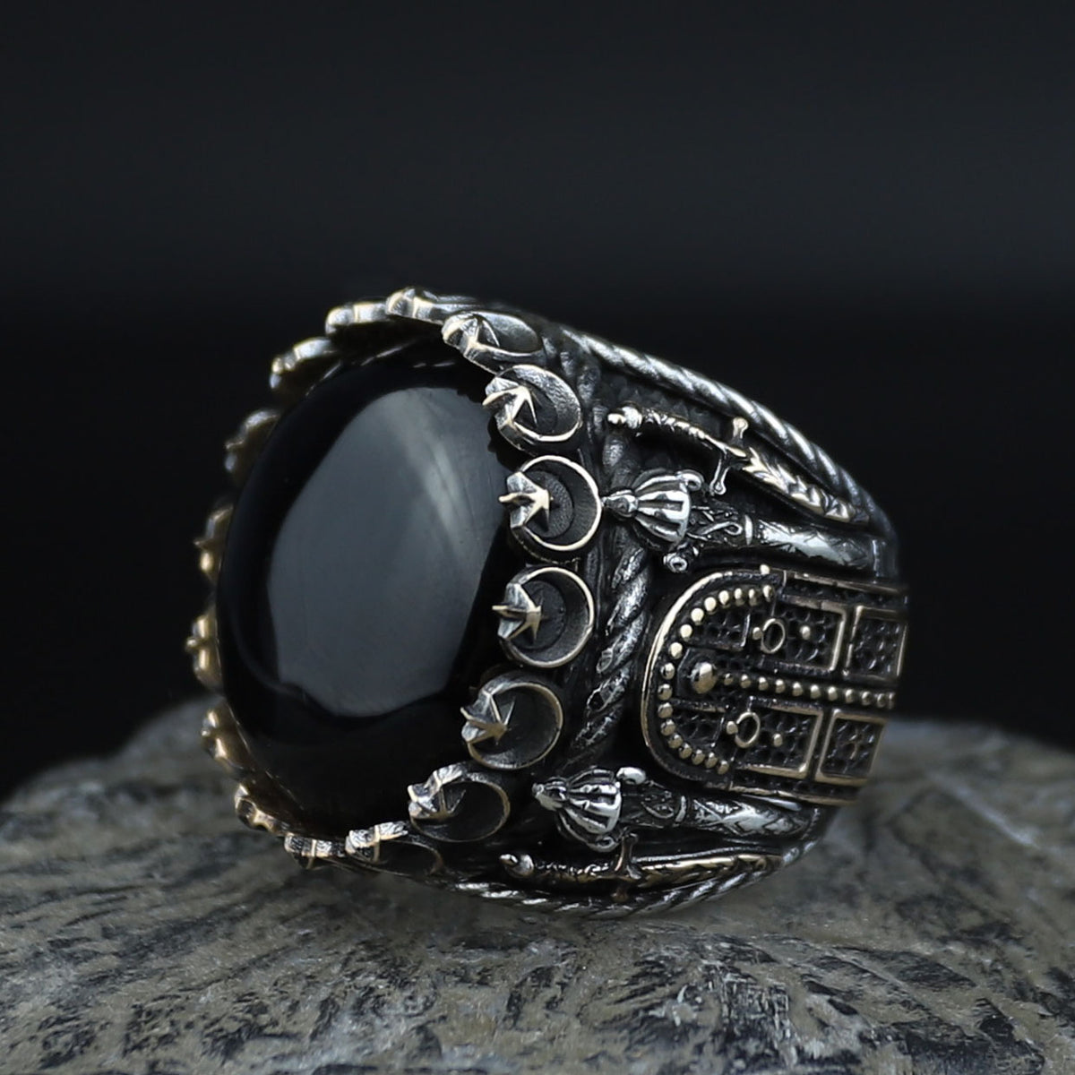 Men Silver Large Black Onyx Ring , Round Unique Mens Handmade Big Ring, Sword Men Sterling Silver Ring