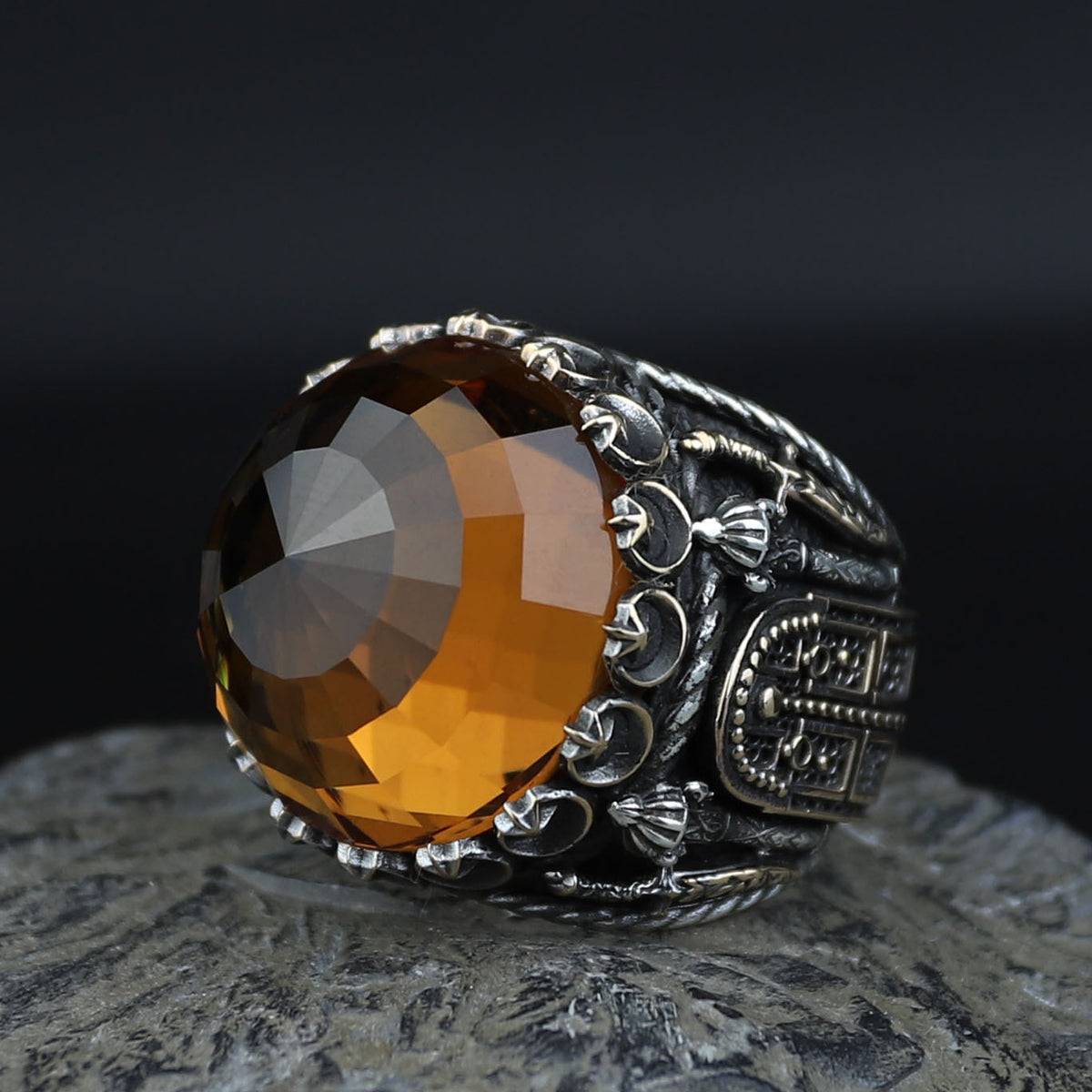 Silver Large Sultanite Stone Ring, Silver Sword Signet Style Ring, Man Handmade Silver Ring
