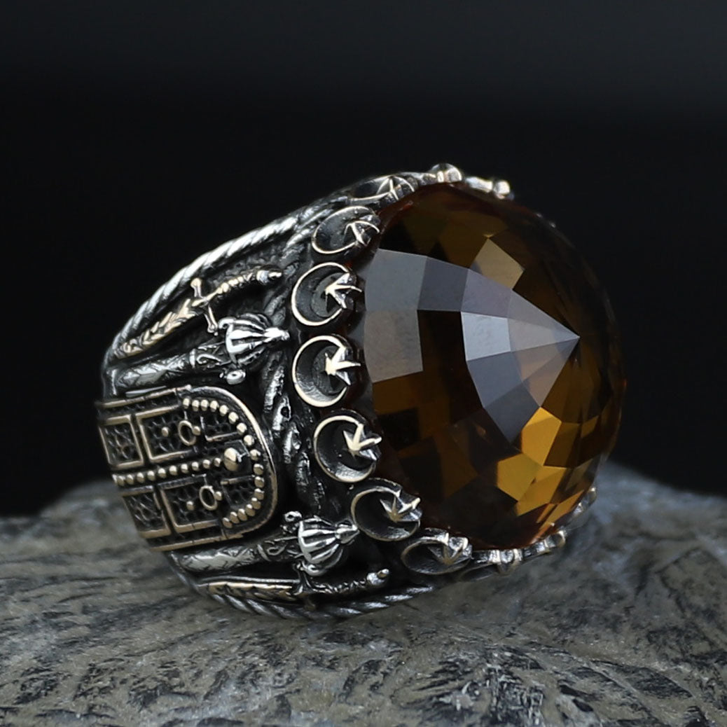 Silver Large Sultanite Stone Ring, Silver Sword Signet Style Ring, Man Handmade Silver Ring
