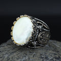Mens Mother of Pearl Ring , Round Large Silver Ring , Sword Figured Silver Pearl Ring, 925K Sterling Silver