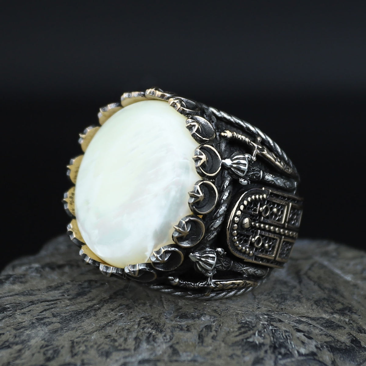 Mens Mother of Pearl Ring , Round Large Silver Ring , Sword Figured Silver Pearl Ring, 925K Sterling Silver