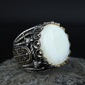 Mens Mother of Pearl Ring , Round Large Silver Ring , Sword Figured Silver Pearl Ring, 925K Sterling Silver
