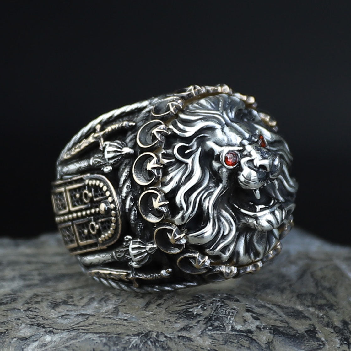 Silver Leon Head Ring, Ruby Eyes Leon Ring, Sword Figued Wild Lion Ring, Handmade Leon Animal Ring, Father Day Gift