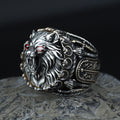 925 Silver Ruby Eyes Wolf Head Ring, Sword Signet Men Ring, Engraved Large Handmade Ring