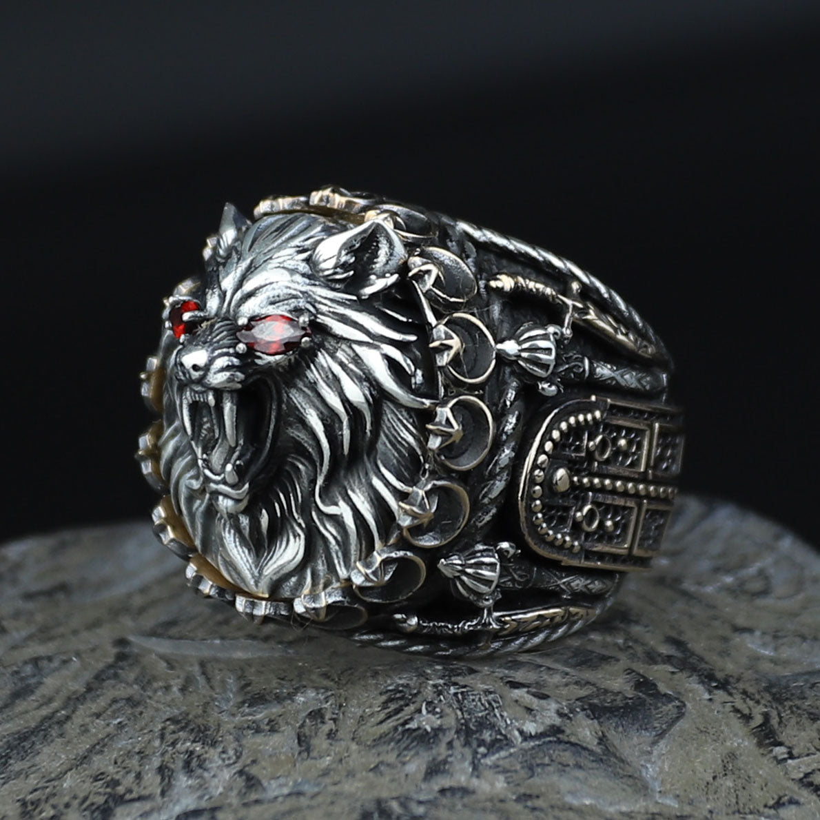 925 Silver Ruby Eyes Wolf Head Ring, Sword Signet Men Ring, Engraved Large Handmade Ring